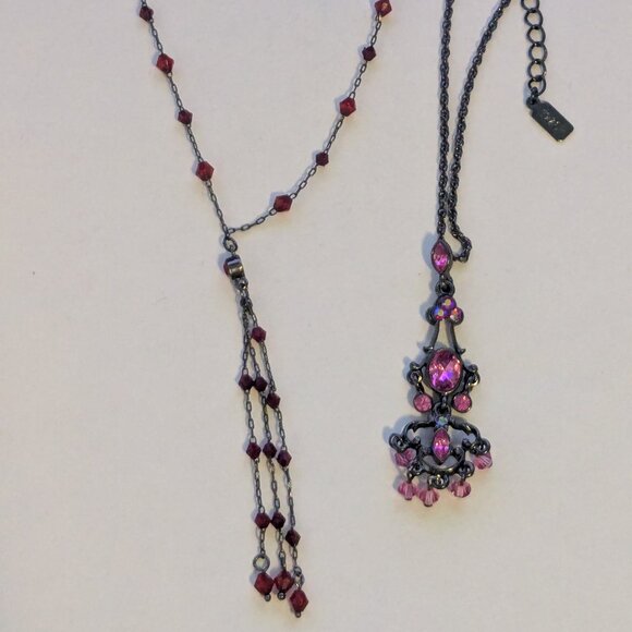 Lot (2) 1928 Brand Red Pink Rhinestone Dainty Gun Metal Necklaces - Picture 1 of 10